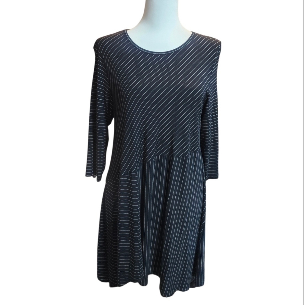 Blue Sky Bamboo Blend Long Top With Black & White Pinstripes